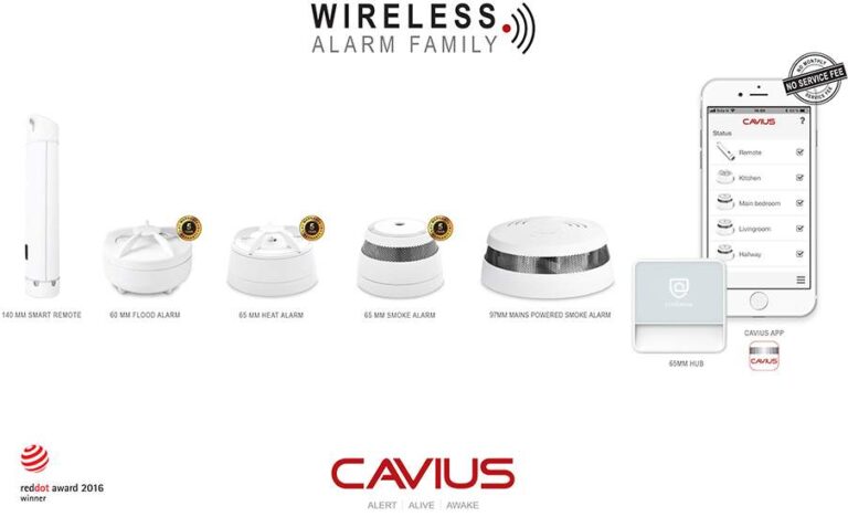 Cavius trådløse familie med HUB for varsling via Cavius app